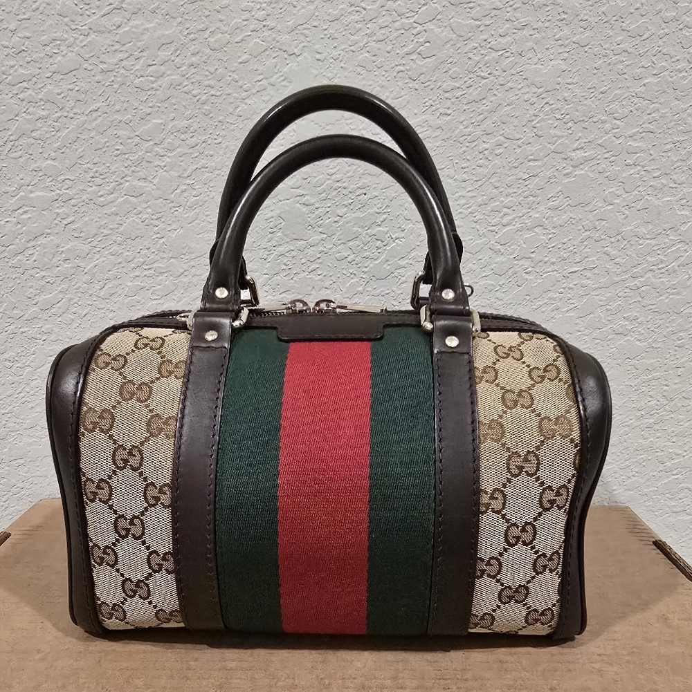 Gucci Sherry Line Beige and Brown Canvas Bag with Red and Green Stripe